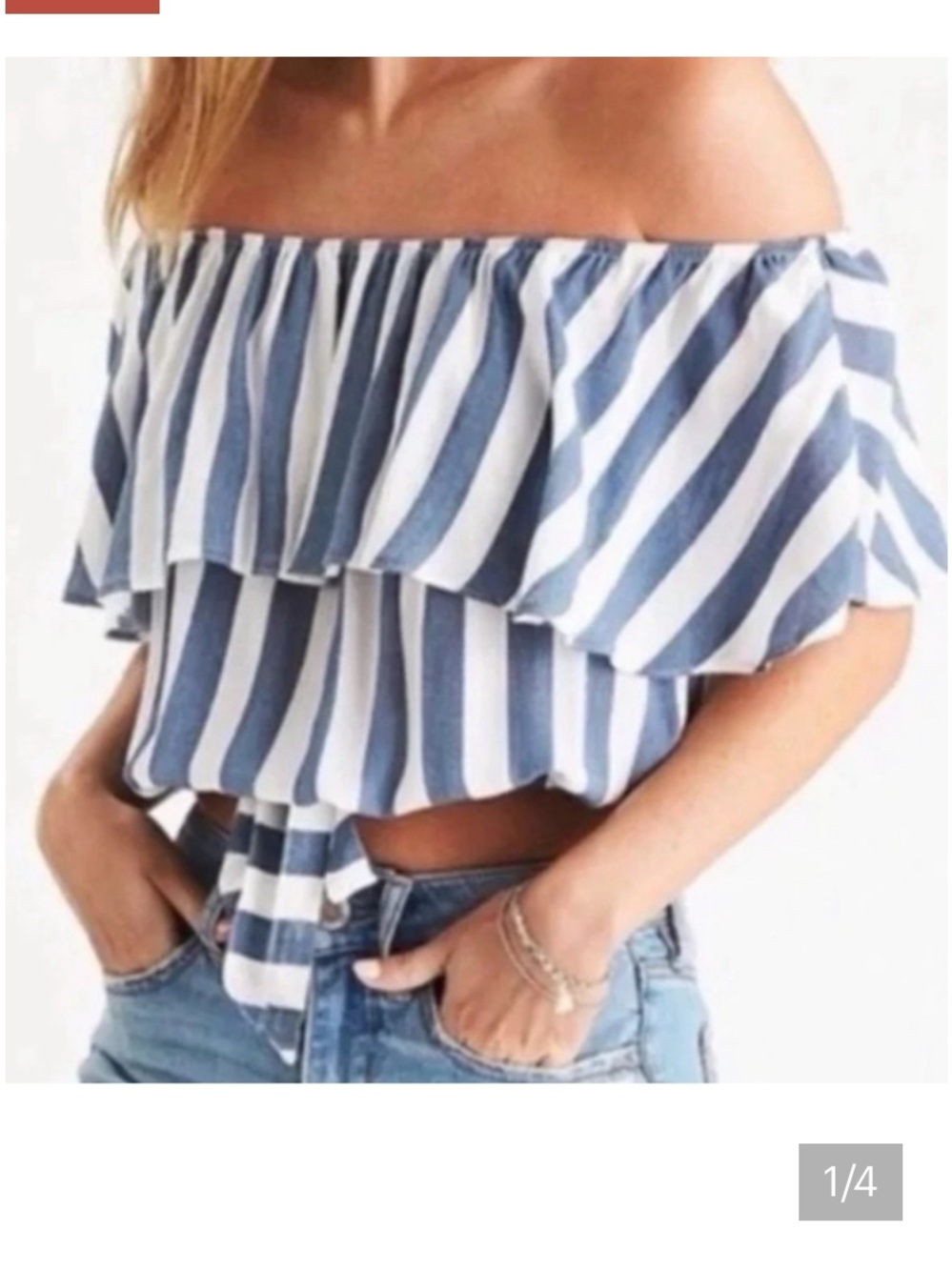 American Eagle Outfitters Blue & White Striped Off-Shoulder Tie-Front Crop Top